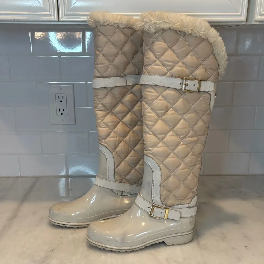 Michael Kors Boots Fulton Harness Quilted Tall Fur Lined Rainboots Winter Size 6